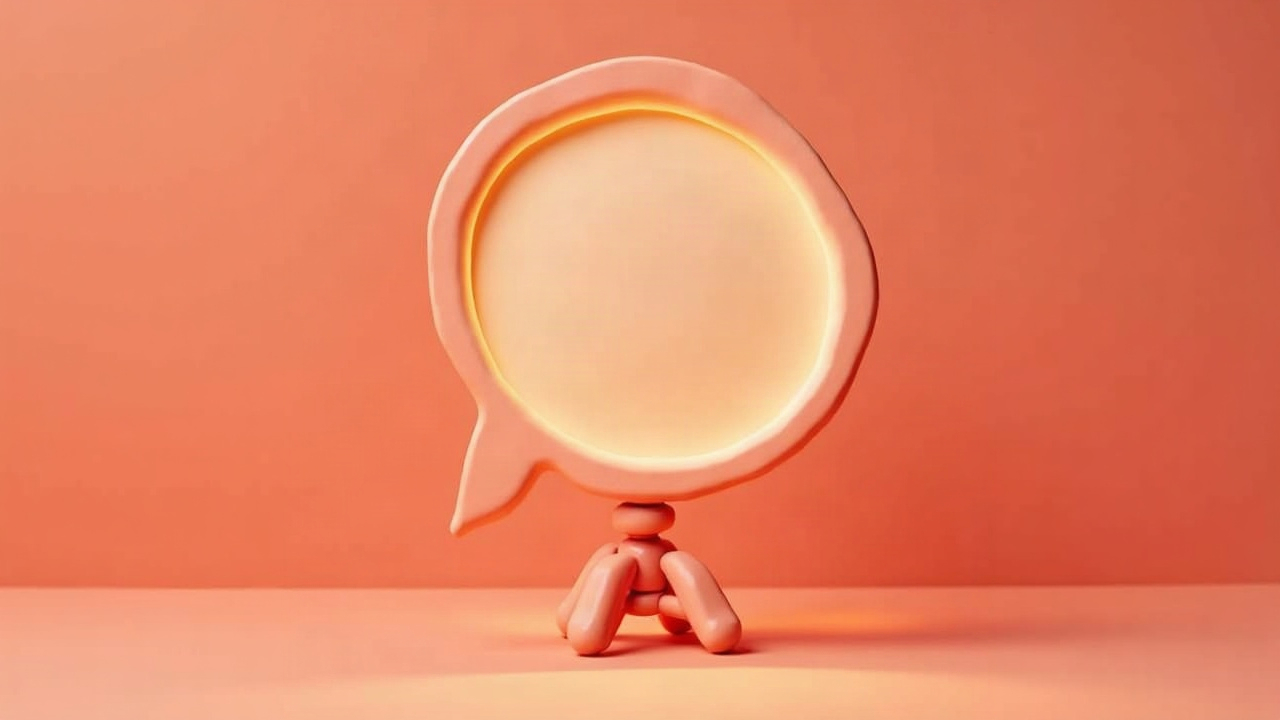 3D illustration of a ring light with a speech bubble and a small tripod on a coral tile