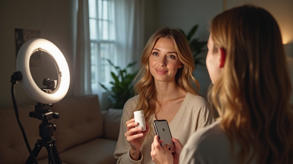 A creator filming a product with a phone on a tripod at a desk