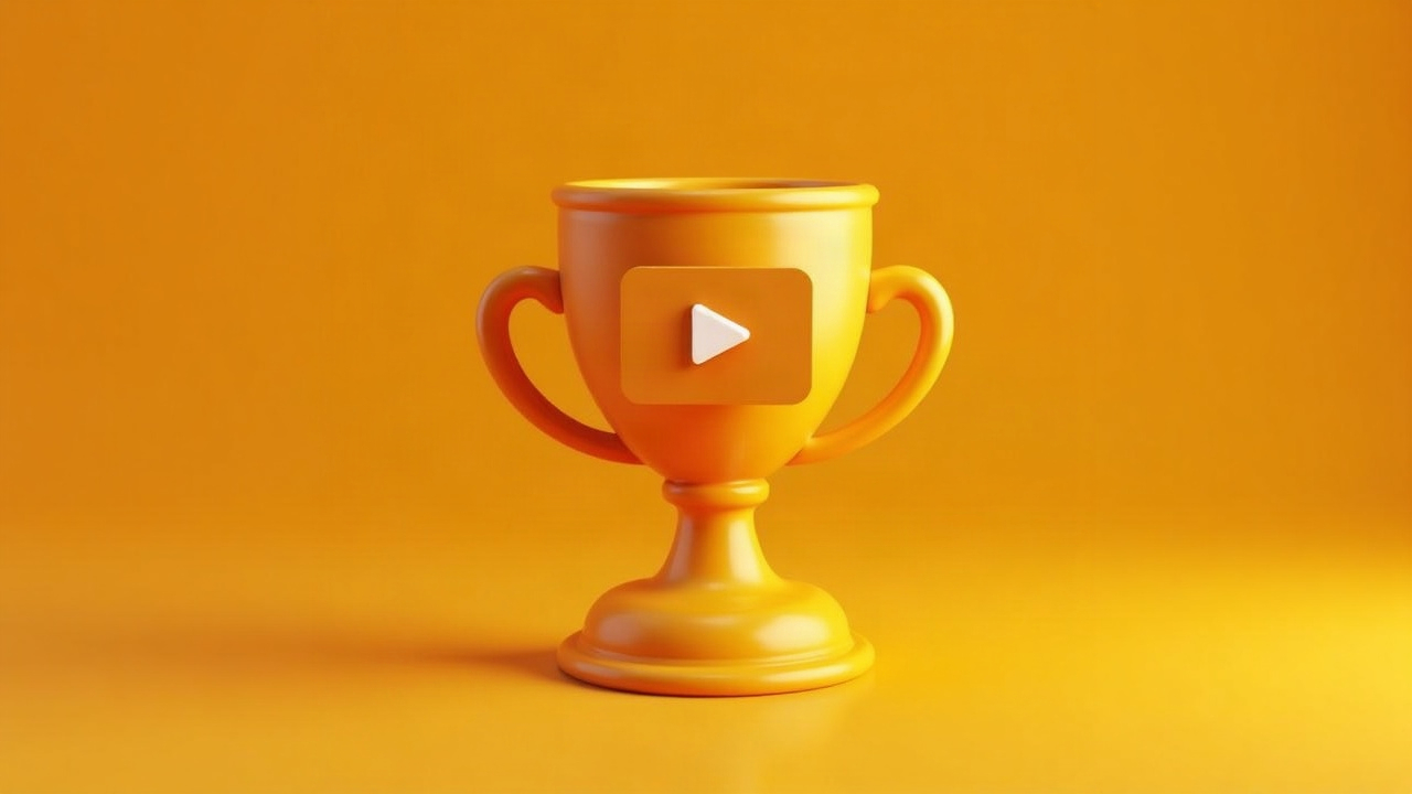 3D illustration of a golden trophy holding a video play card on an amber tile