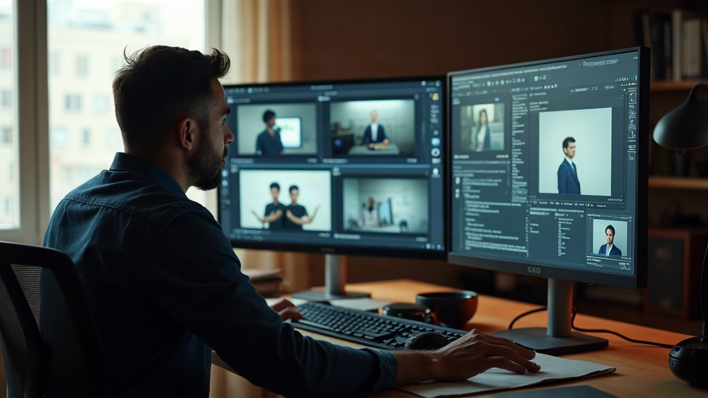 Two creators comparing video clips on a monitor in a studio