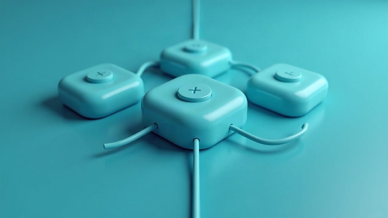 3D-Illustration von Server-Blöcken, die durch Kabel verbunden sind, auf einer cyanfarbenen Kachel