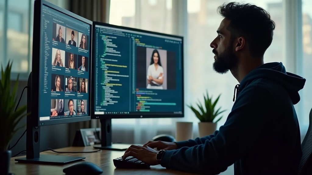 Ein Entwickler vergleicht an seinem Schreibtisch Preistabellen auf zwei Monitoren