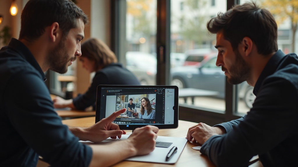 Two people at a desk reviewing short video clips on a laptop and a phone