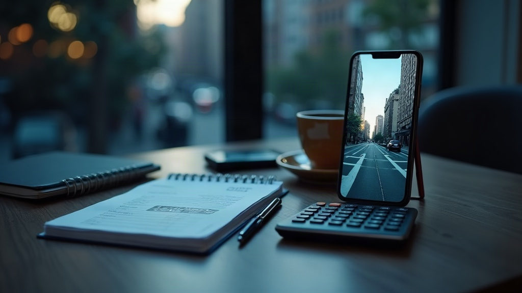 Un bureau avec un carnet, une calculatrice, un café et un téléphone affichant une image de vidéo verticale