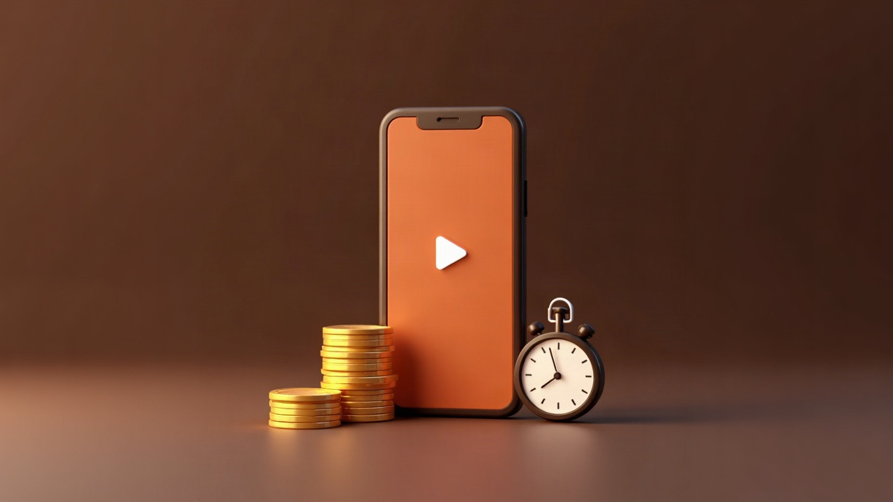 Bozuk paralar ve kronometrenin yanında dikey video oynatan bir telefonun 3D çizimi