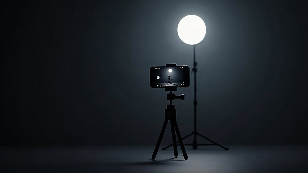 Un téléphone sur trépied filmant un produit sous un anneau lumineux