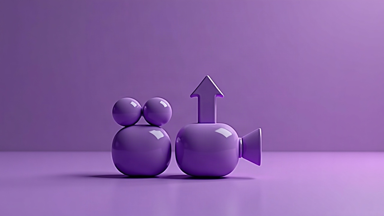 3D illustration of a small and a large movie camera with an upward arrow on a violet tile