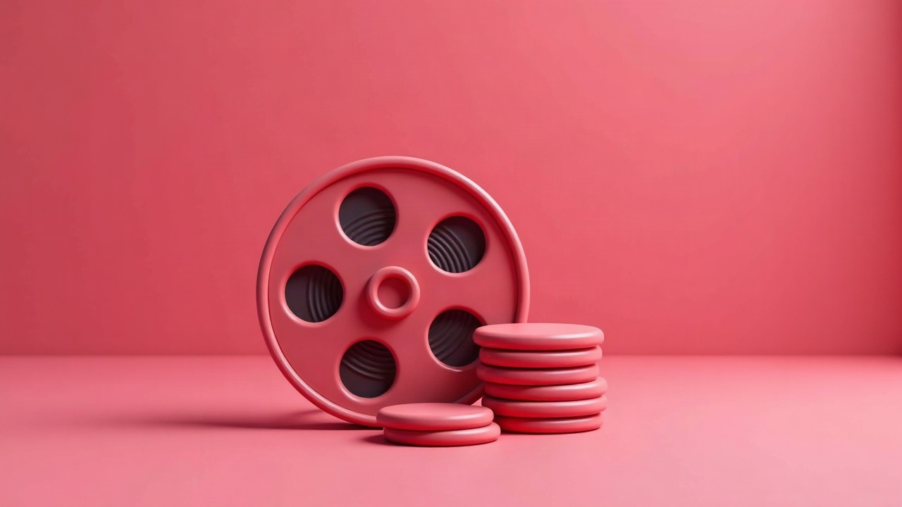 3D illustration of a film reel next to a stack of tokens on a rose tile