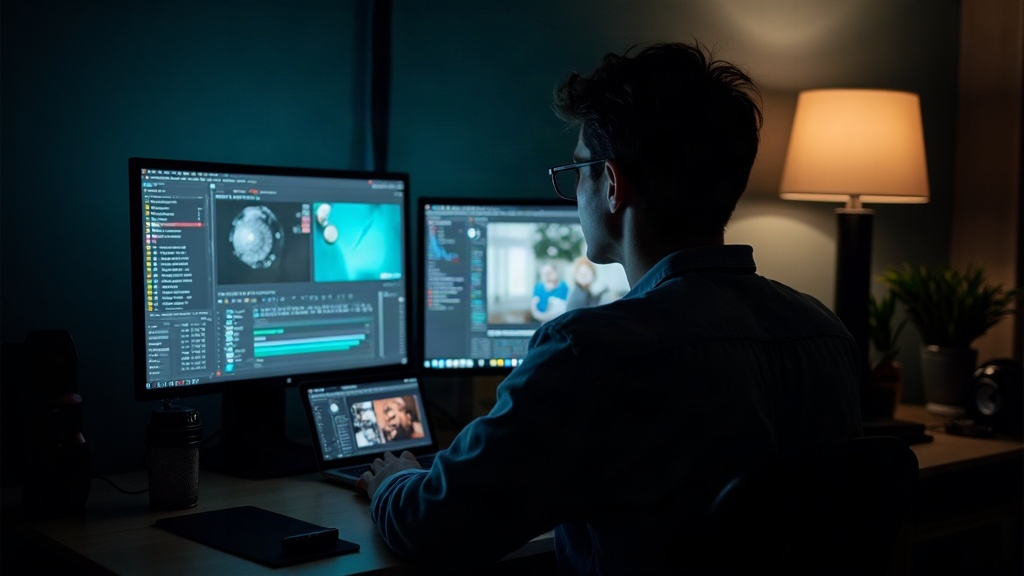 A video editor comparing clips on a monitor at a desk