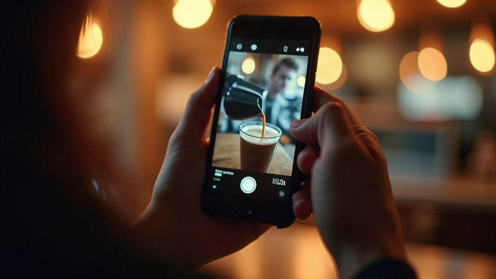 Une personne filmant le versement d'un café dans un café-restaurant avec un téléphone en vertical