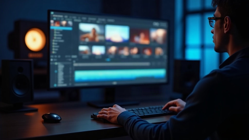Ein dunkles Schnittstudio mit einem Monitor, der eine Zeitleiste aus Videobildern zeigt